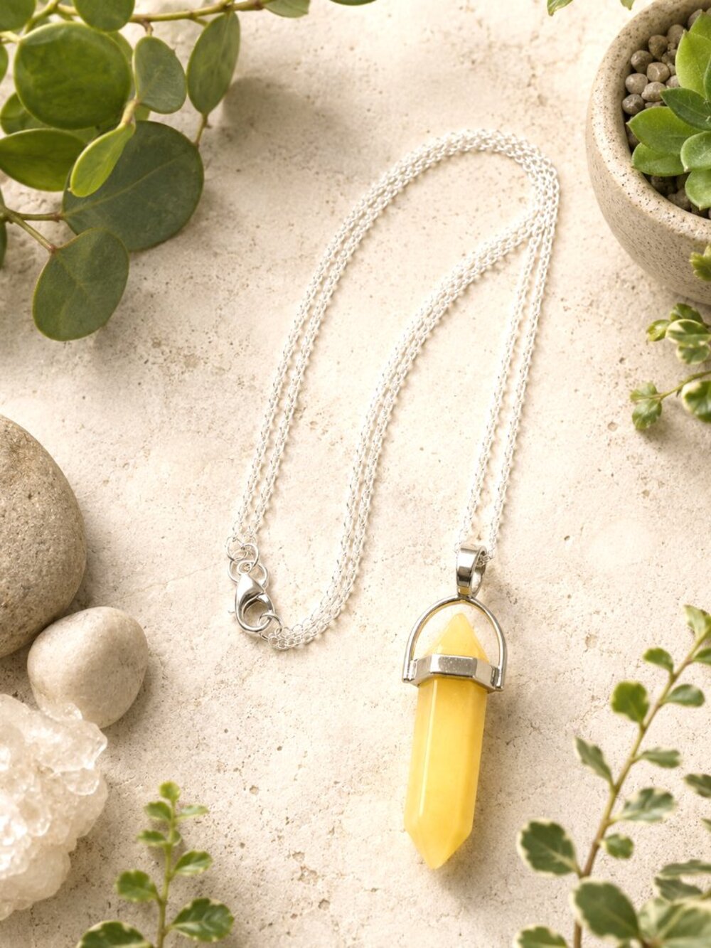 Yellow Aventurine Bullet Point Pendant Necklace, Balanced, Boho